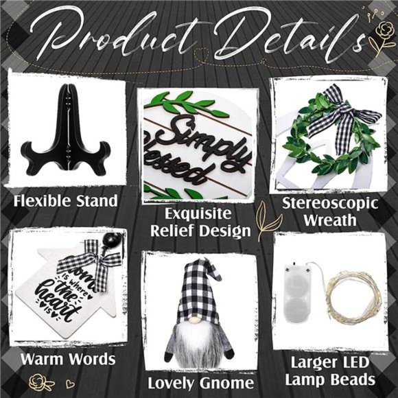 10 Pieces Farmhouse Decor for Tiered Tray, Black White Buffalo Plaid Wooden - Picture 2 of 6